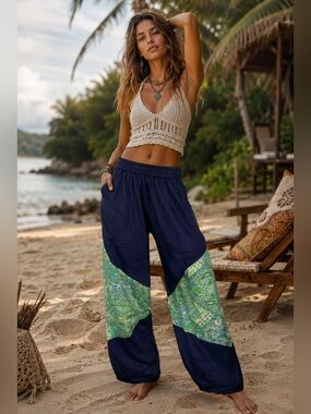 NWT Rhea Patchwork Pants One Size Navy Blue Paisley Boho Wide Leg Lounge Pants